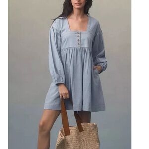 NWT Anthropologie Long-Sleeve Square-Neck Dress in Light Blue Chambray